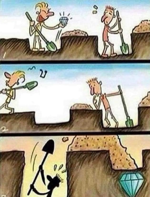 Karikatúra ľudí kopajúcich tunely, jeden nájde diamant, druhý sa vzdáva tesne pred úspechom.