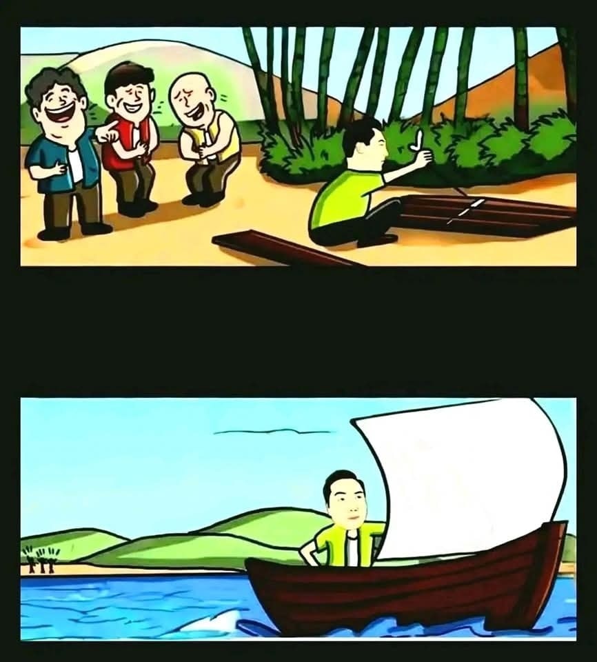 Muž stavia loď, zatiaľ čo traja sa smejú; neskôr pláva po mori. Motivácia a vytrvalosť vedú k úspechu.