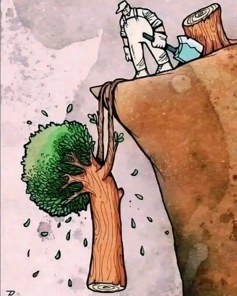 Drevár stojí na skale, pozerá dole na padajúci strom s koreňmi, čo symbolizuje stratu opory.