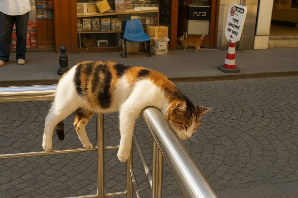 Mačka oddychujúca na kovovej zábradlí na slnečnej ulici.