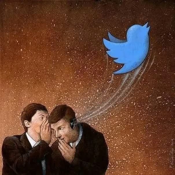 Dva ľudia šepkajú, a ich slová odlietajú ako logo sociálnej siete, symbolizujúce rýchlosť šírenia informácií.