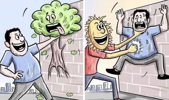 Muž chladí strom v tieni, potom ho slnko chytí za krk a priviaže na teplú stenu.