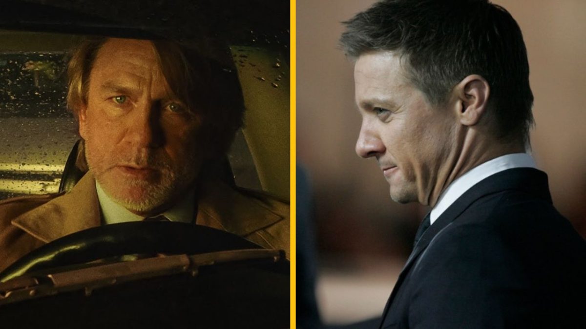 Dvojica mužov v dramatických scénach - auto za dažďa a v obleku bokom.