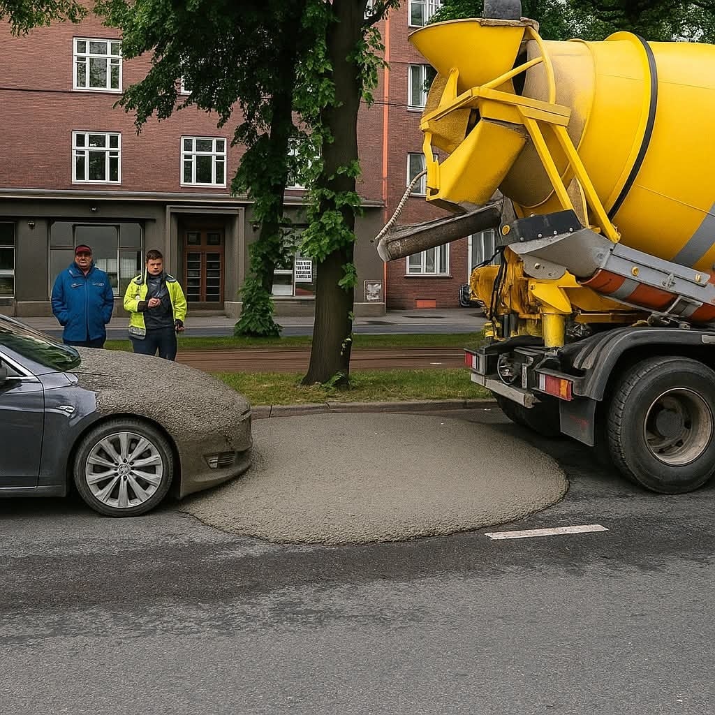 Auto pokryté cementom zo žeriavu, ktorý sa vylial na cestu. Dvaja muži sledujú situáciu na ulici.