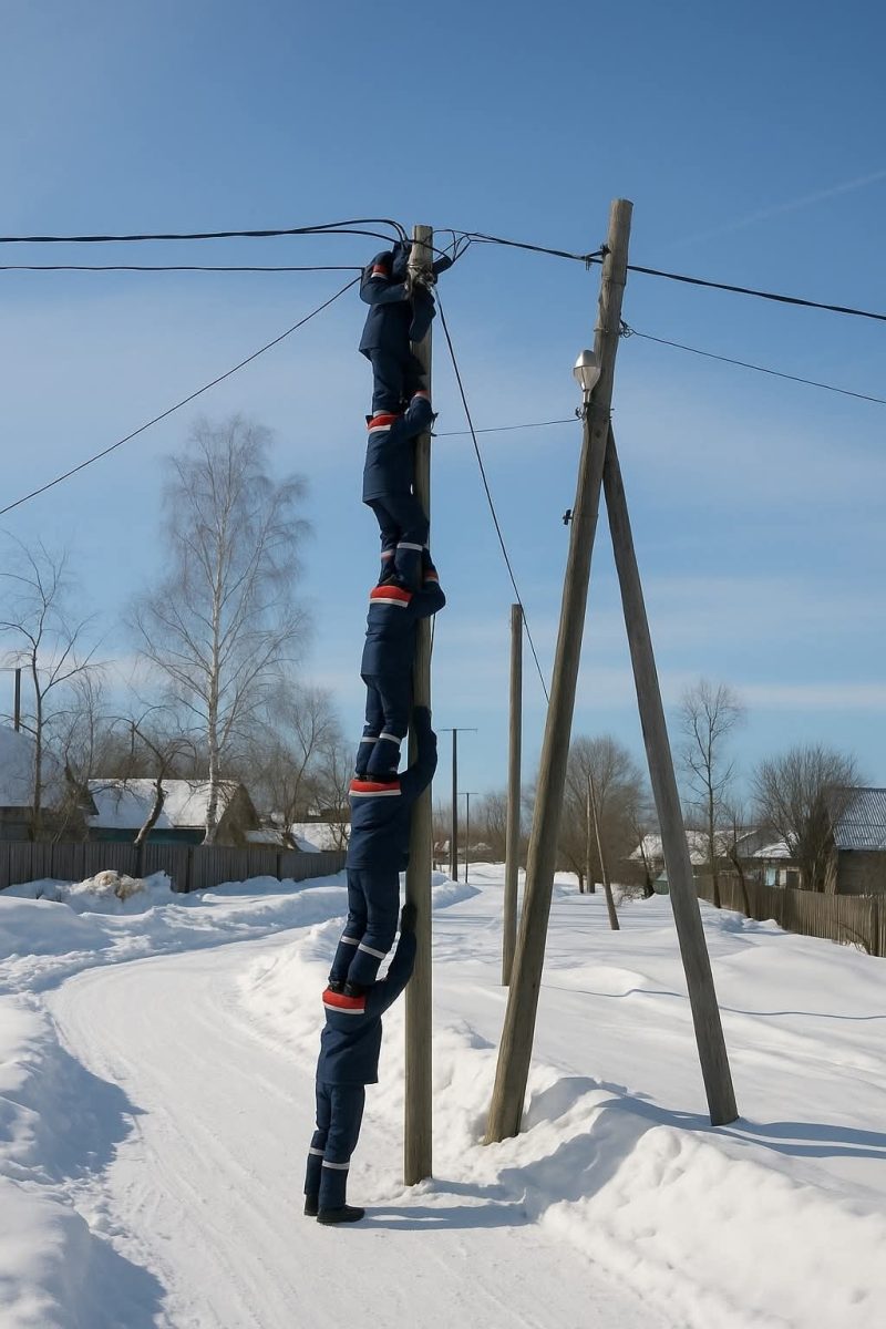 Muž v pracovnom oblečení lezie na stĺp v zimnej krajine, s pomocou kolegov.