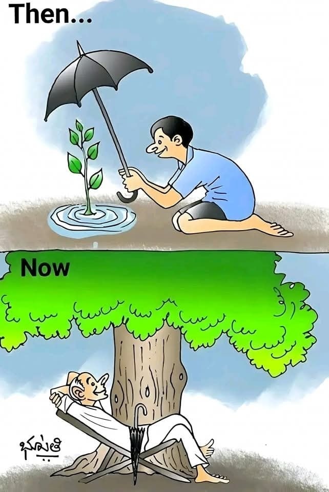 Muž polieva mladý stromček; o niekoľko rokov neskôr odpočíva pod veľkým stromom.