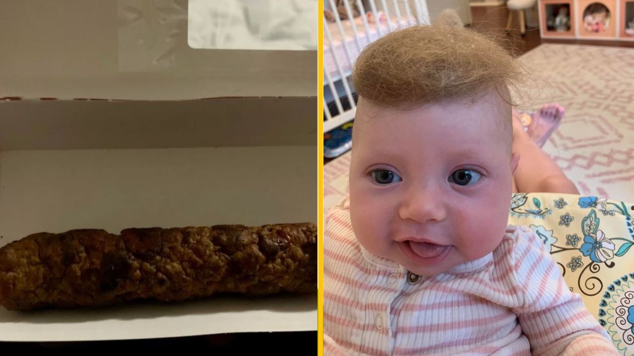 Ľavá strana zobrazuje neznámy objekt, pravá usmievavé dieťa s nezvyčesnými vlasmi v detskej izbe.