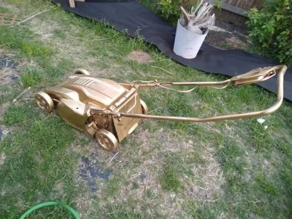 Zlatá kosačka na trávu na zelenej záhrade, v pozadí vedro s rastlinami.