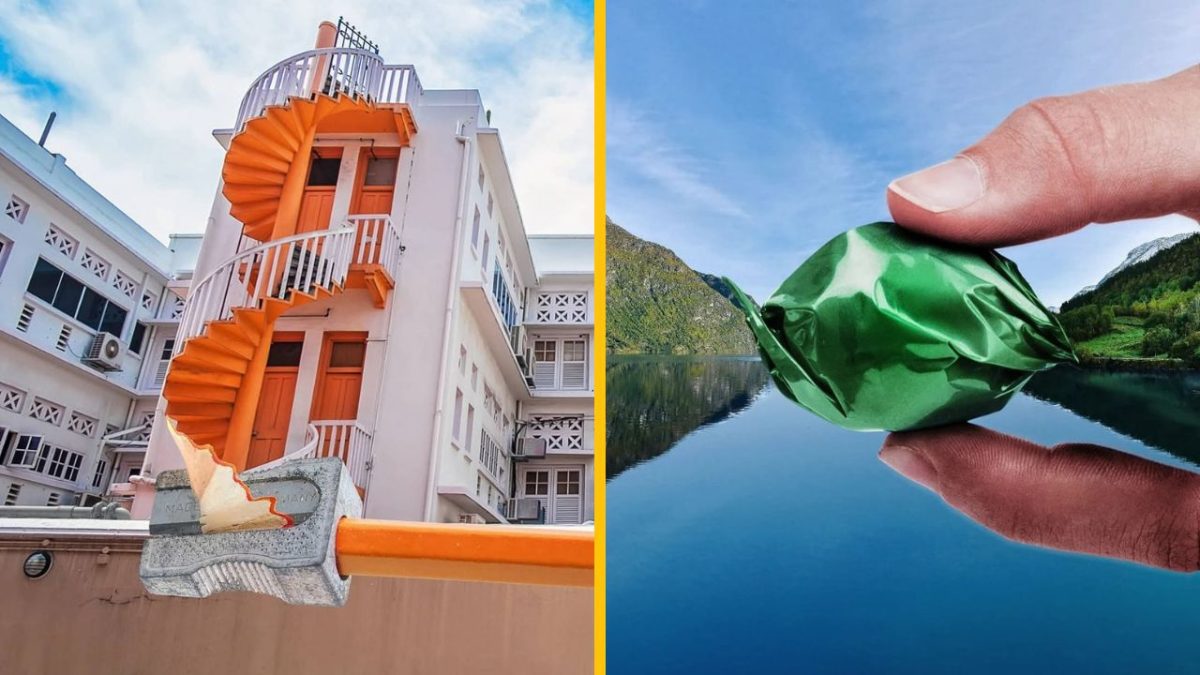 Záhadné optické ilúzie: oranžové točité schodisko a ruka s cukríkom nad jazerom vytvárajú fascinujúci pohľad.