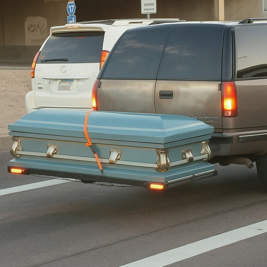 Auto s rakvou pripevnenou na zadnej časti batožinového priestoru, pohybujúce sa po diaľnici.