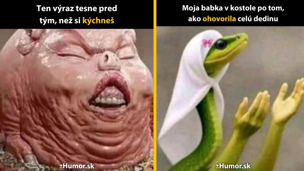 Vtipný obrázok porovnávajúci výraz pri kýchaní s babkou po klebetení v kostole.