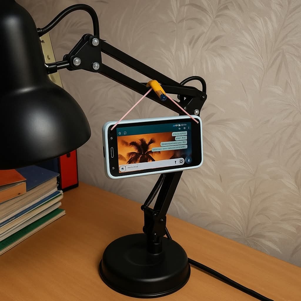 Smartfón pripevnený k lampičke na stole, chat zobrazený na obrazovke.