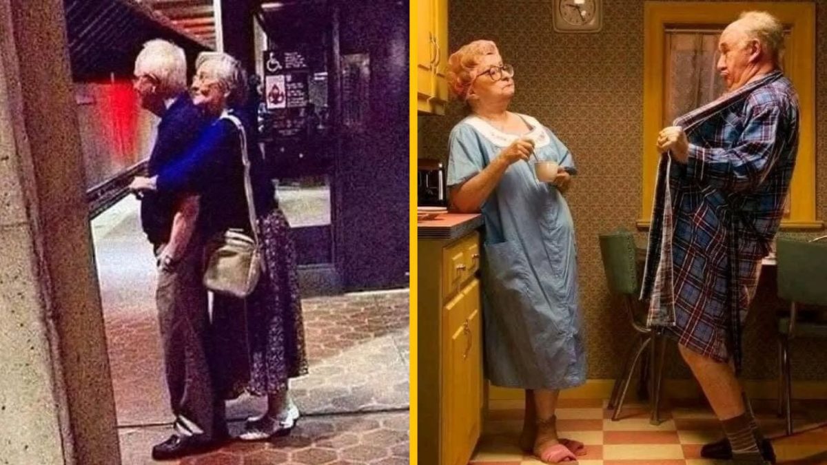 Starší pár vtipne interaguje v interiéri a exteriéri, zachytávajúc momenty každodenného humoru a blízkosti.