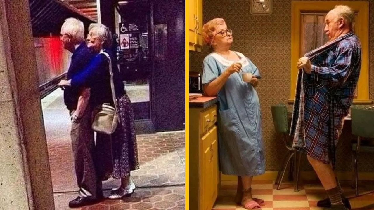 Starší pár vtipne interaguje v interiéri a exteriéri, zachytávajúc momenty každodenného humoru a blízkosti.