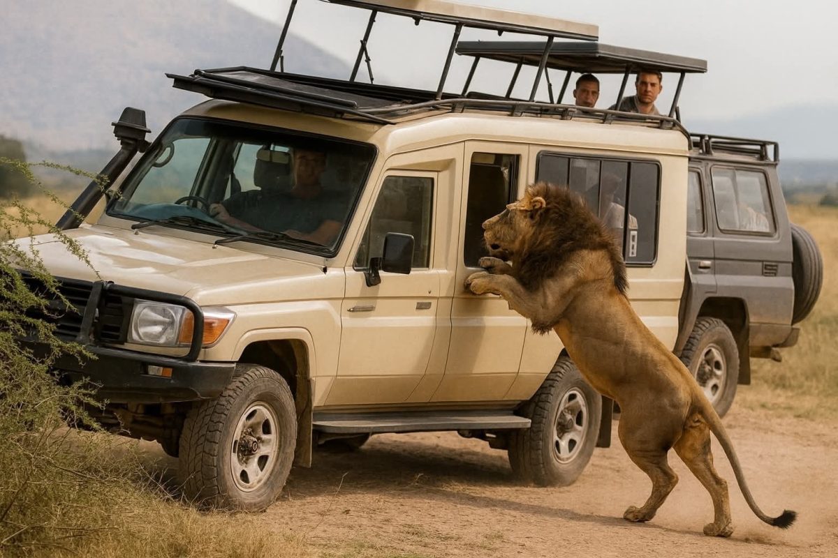 Lev sa šplhá na dvere safari džípu s turistami v otvorených oknách, africká savana v pozadí.