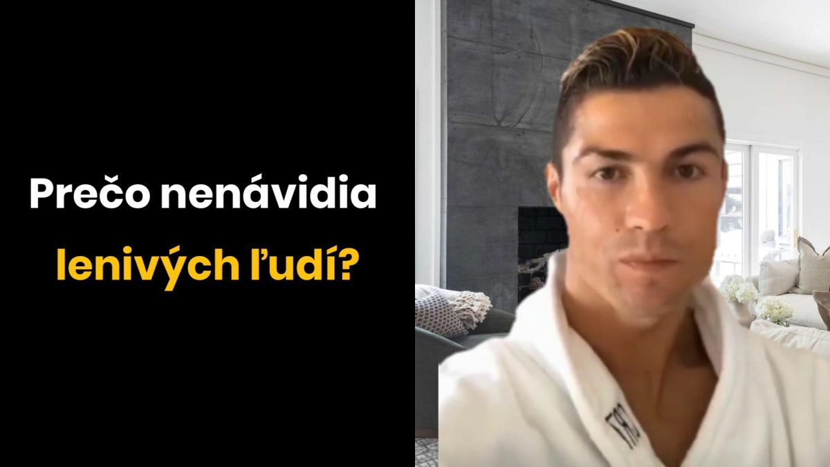 Osoba v bielom župane v modernom obývacej izbe, vedľa textu Prečo nenávidia lenivých ľudí?.