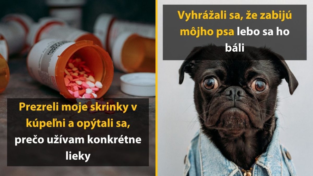 Fľaštičky liekov v kúpeľni a čierny mopslík s vystrašeným pohľadom v saku.