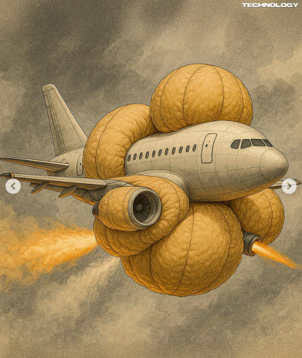 Lietadlo s neobvyklými balónovými mechanizmami, zobrazené s technickými detailmi a kreatívnym dizajnom.