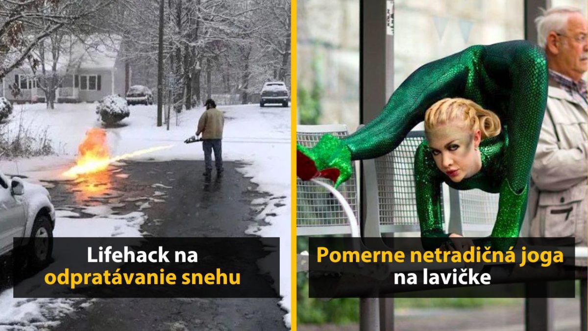 Muž s horákom odstraňuje sneh z cesty, žena v zelenom cvičí jogu na lavičke v neobvyklých polohách.