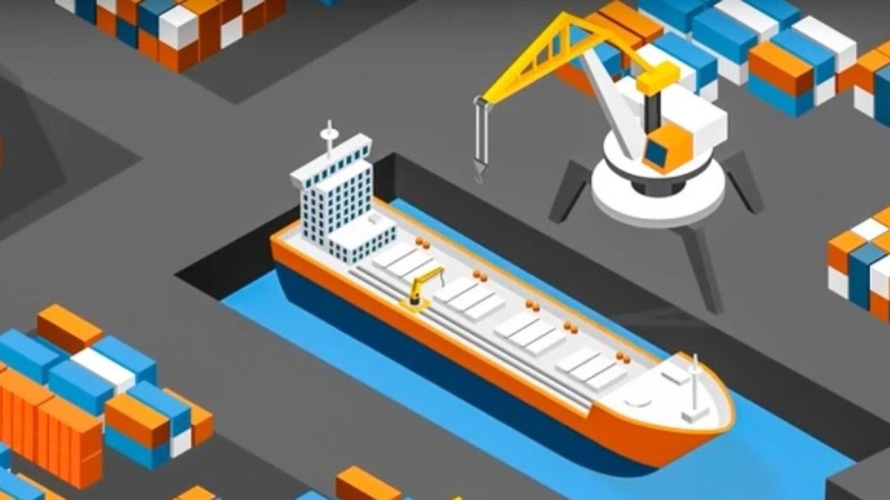 Ilustrácia nákladného prístavu s loďou, žeriavom a kontajnermi.