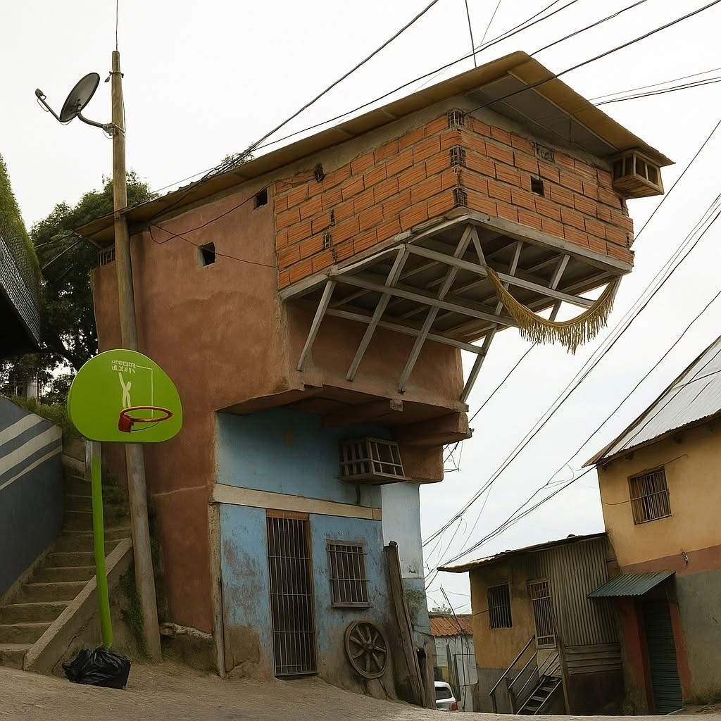 Unikátna stavba s výrazným presahujúcim poschodím a vedľa basketbalový kôš na mierne naklonenej ulici.