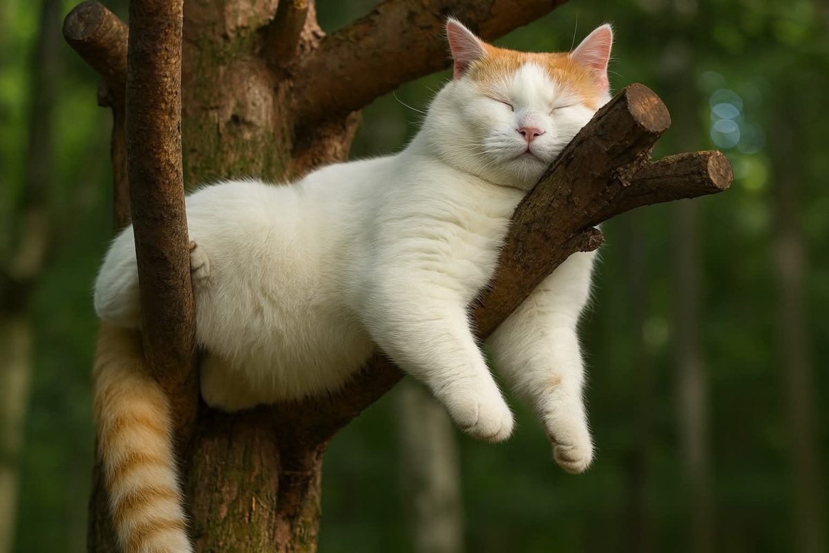 Biela mačka s oranžovým chvostom spokojne spí na strome v lese.