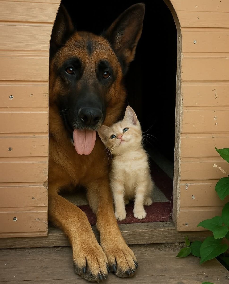 Pes a mačiatko spolu odpočívajú v búdke, zobrazujú priateľstvo a harmóniu medzi zvieratami.