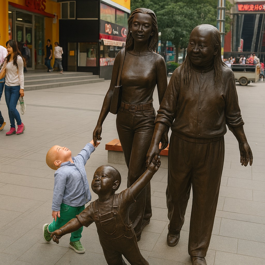 Maličký chlapec drží sochu rodiny za ruky na rušnej mestskej ulici.