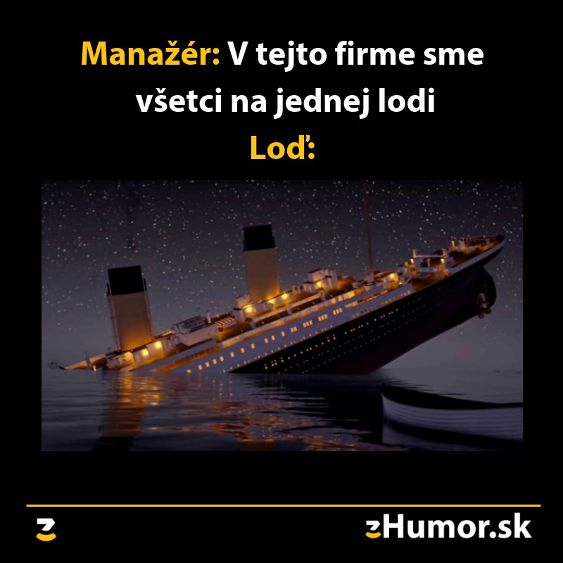 Manažérske klišé: „Všetci na jednej lodi“ zobrazené s potápajúcim sa Titanicom, odrážajúce neistotu.