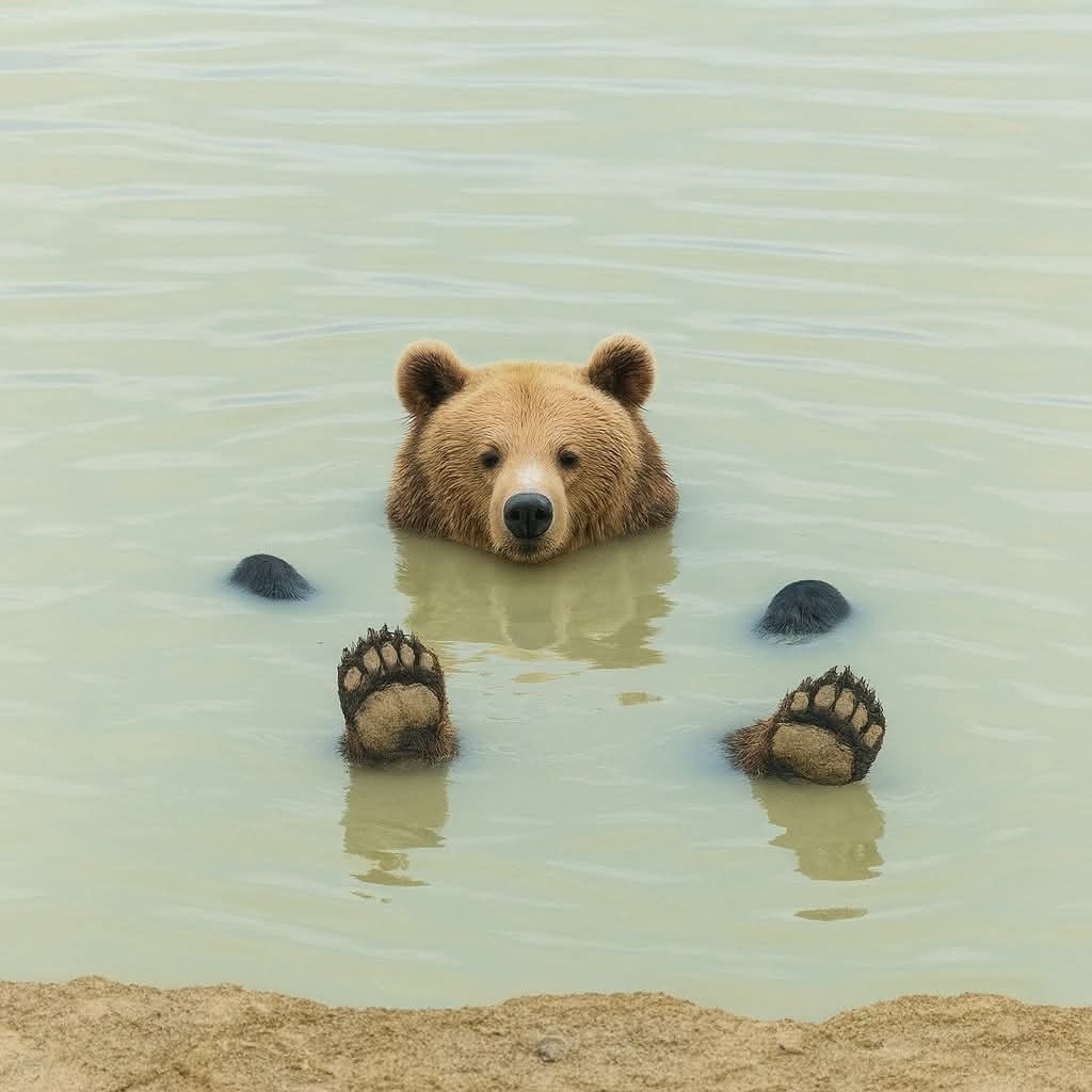Medveď plávajúci vo vode s hlavou a labkami nad hladinou v pokojnom jazere.