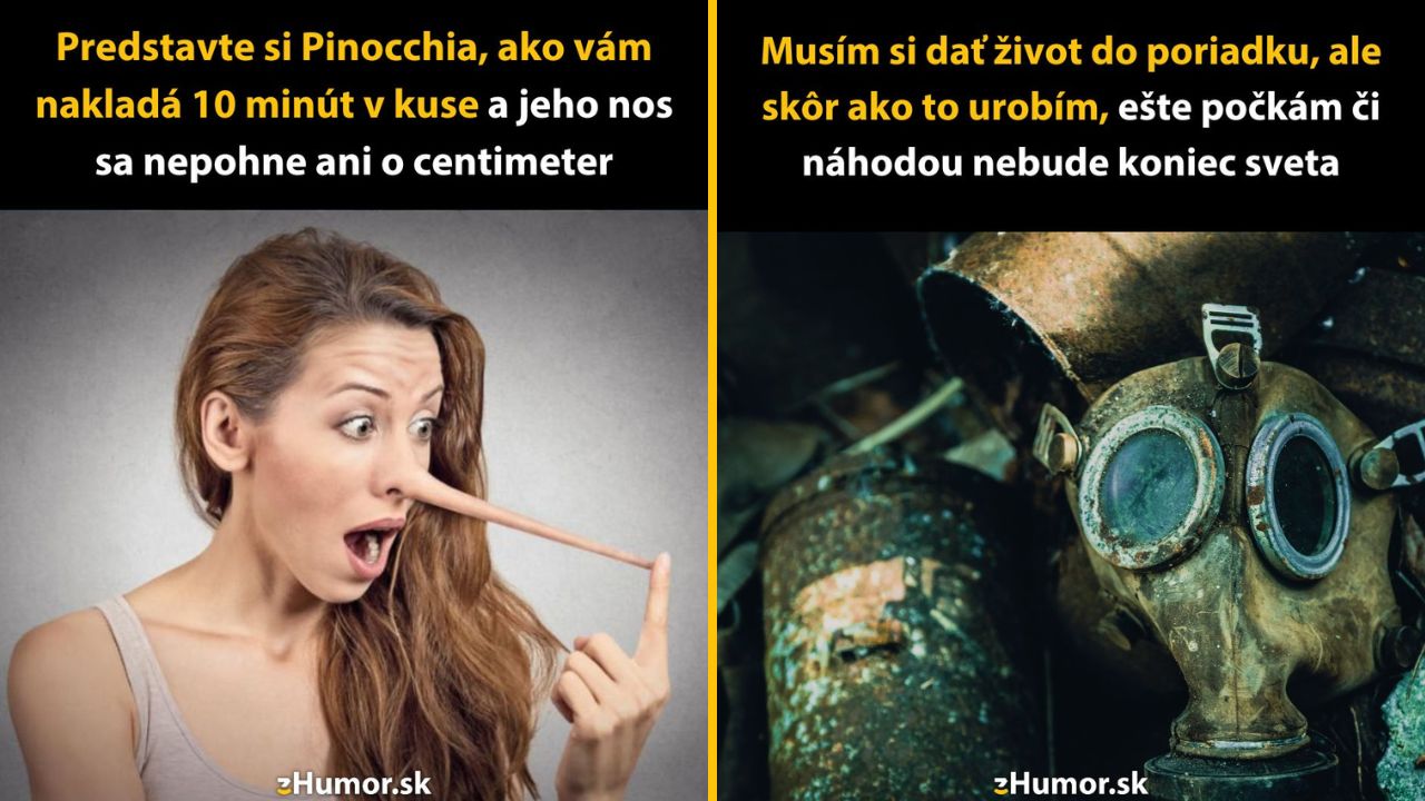 Žena s dlhým Pinocchiovým nosom a stará plynová maska symbolizujúca odkladanie povinností.