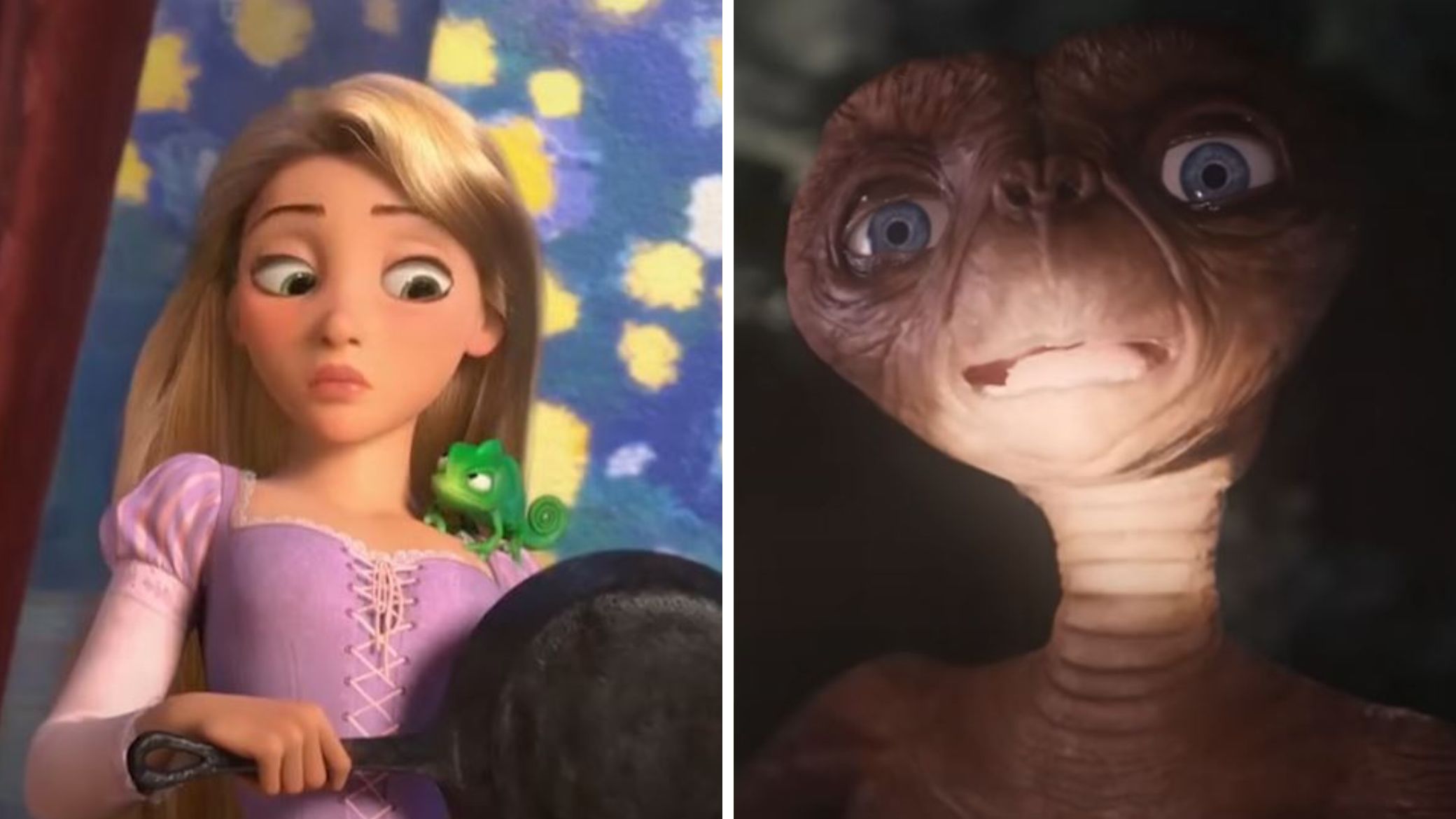 Animovaná princezná s panvicou a jaštericou vedľa záhadnej mimozemskej postavy v tme.