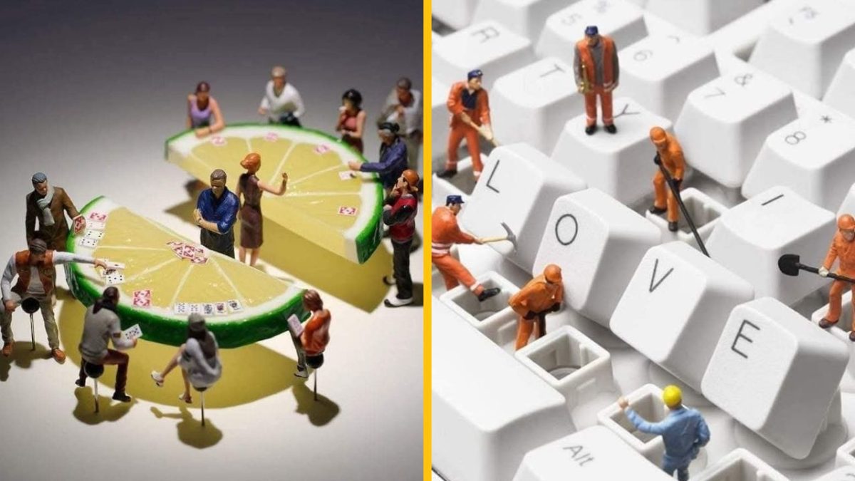 Miniatúrne postavičky v herňovom kasíne z citrónu vedľa pracovníkov renovujúcich klávesnicu s nápisom LOVE.