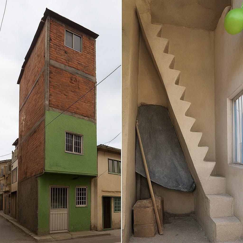 Úzky štvorizbový dom s netradičným schodiskom, exteriér z tehál a zelenej omietky.