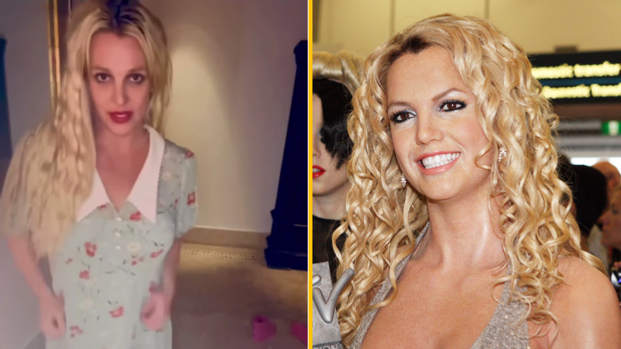 Prominentná žena v kvetinovej šatách a s úsmevom, porovnanie dvoch rôznych vzhľadov.