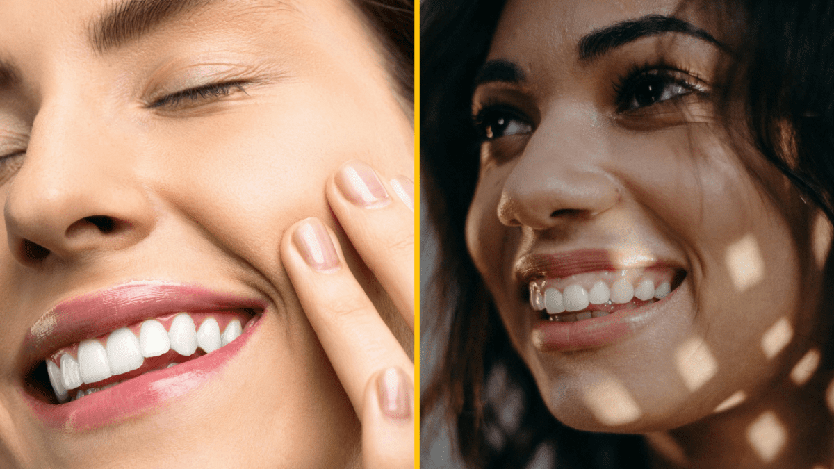 Dve ženy s úsmevom, detailné zobrazenie zubov a pleti, prirodzená krása a radosť z okamihu.