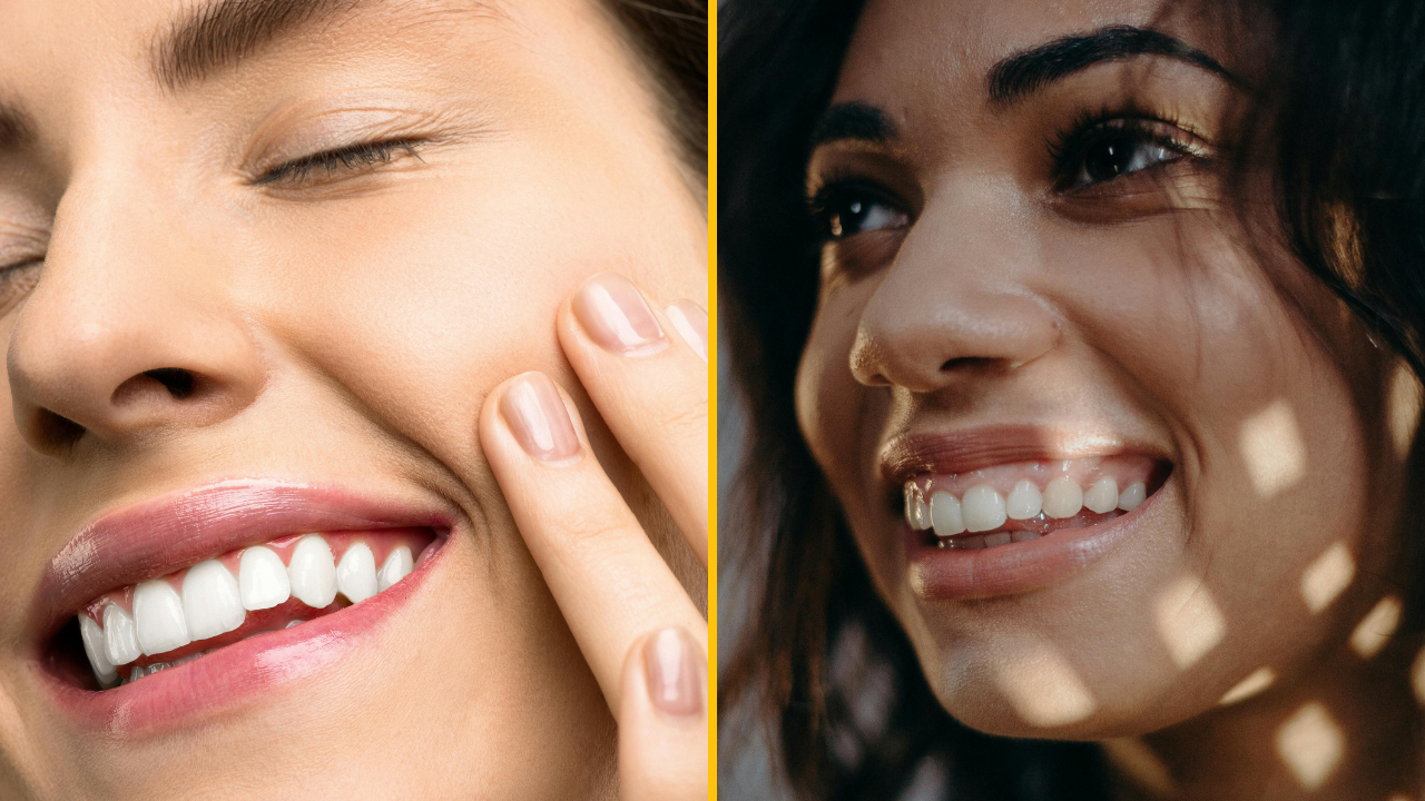 Dve ženy s úsmevom, detailné zobrazenie zubov a pleti, prirodzená krása a radosť z okamihu.