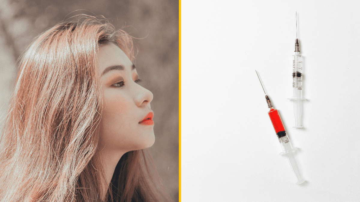 Žena so svetlými vlasmi hľadí do diaľky, vedľa sú dve injekčné striekačky, jedna s červenou tekutinou, na bielom pozadí.