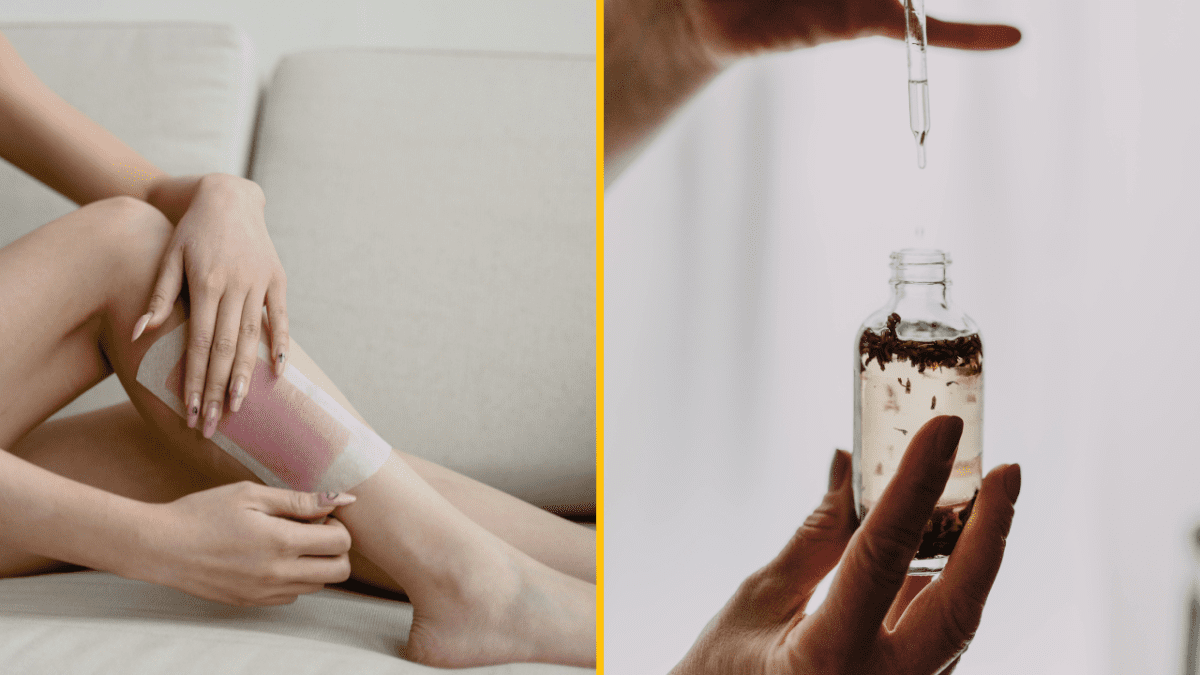 Žena aplikuje voskový pásik na nohu, druhá ruka drží pipetu s olejom na starostlivosť o pleť.