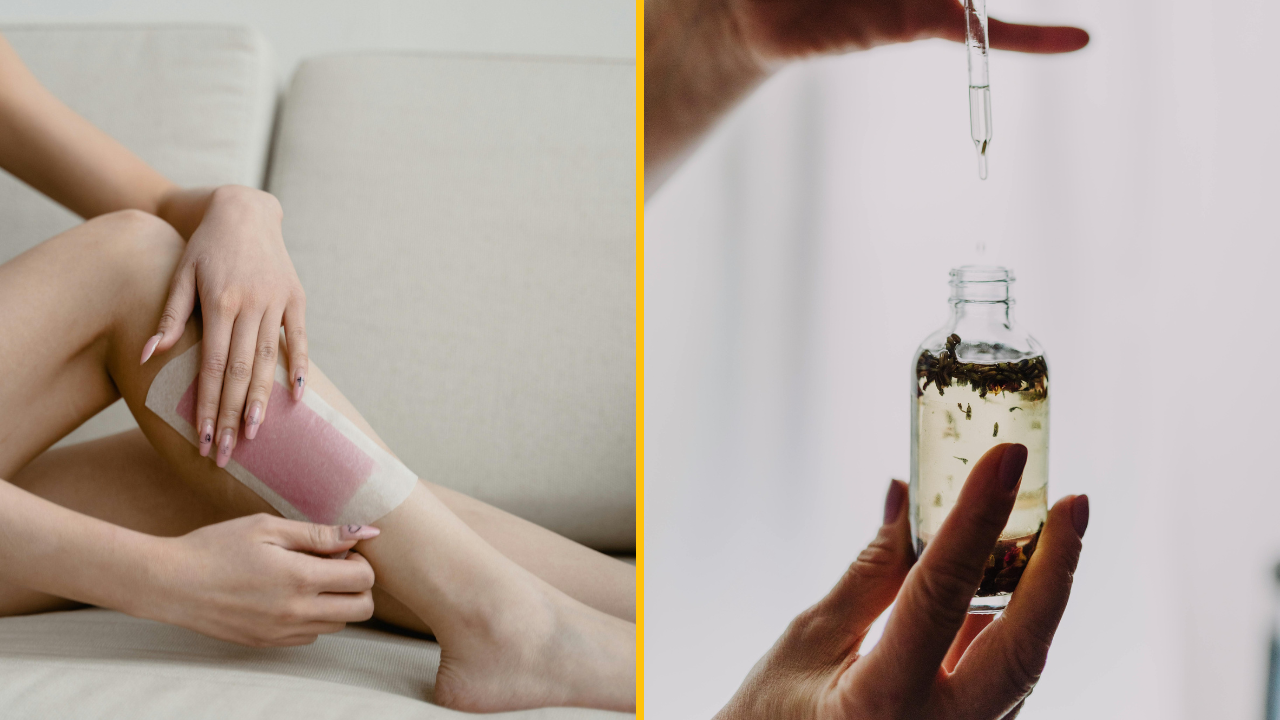 Žena aplikuje voskový pásik na nohu, druhá ruka drží pipetu s olejom na starostlivosť o pleť.