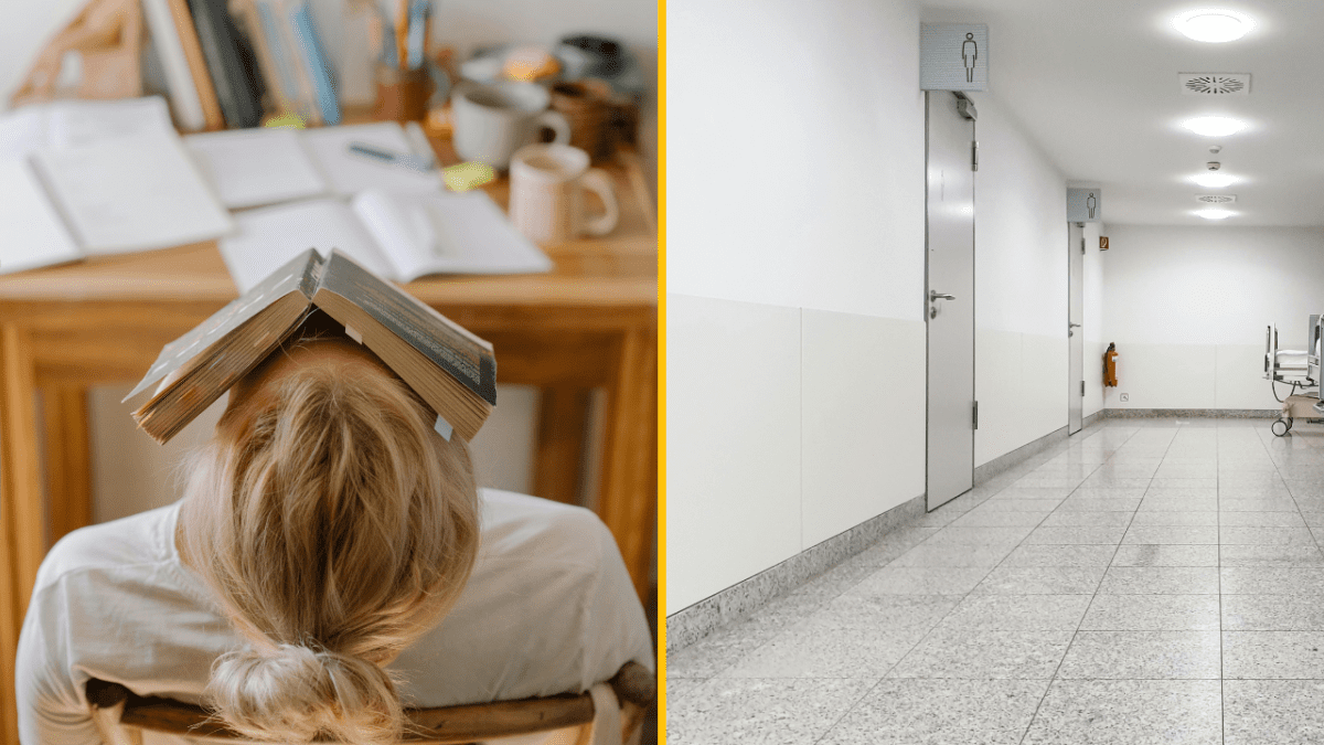 Osoba so zavretou knihou na hlave pri stole; sterilná chodba s dverami na toaletu.