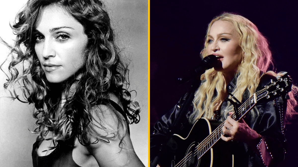 Portrét ženy v mladosti a pri speve na pódiu s akustickou gitarou.