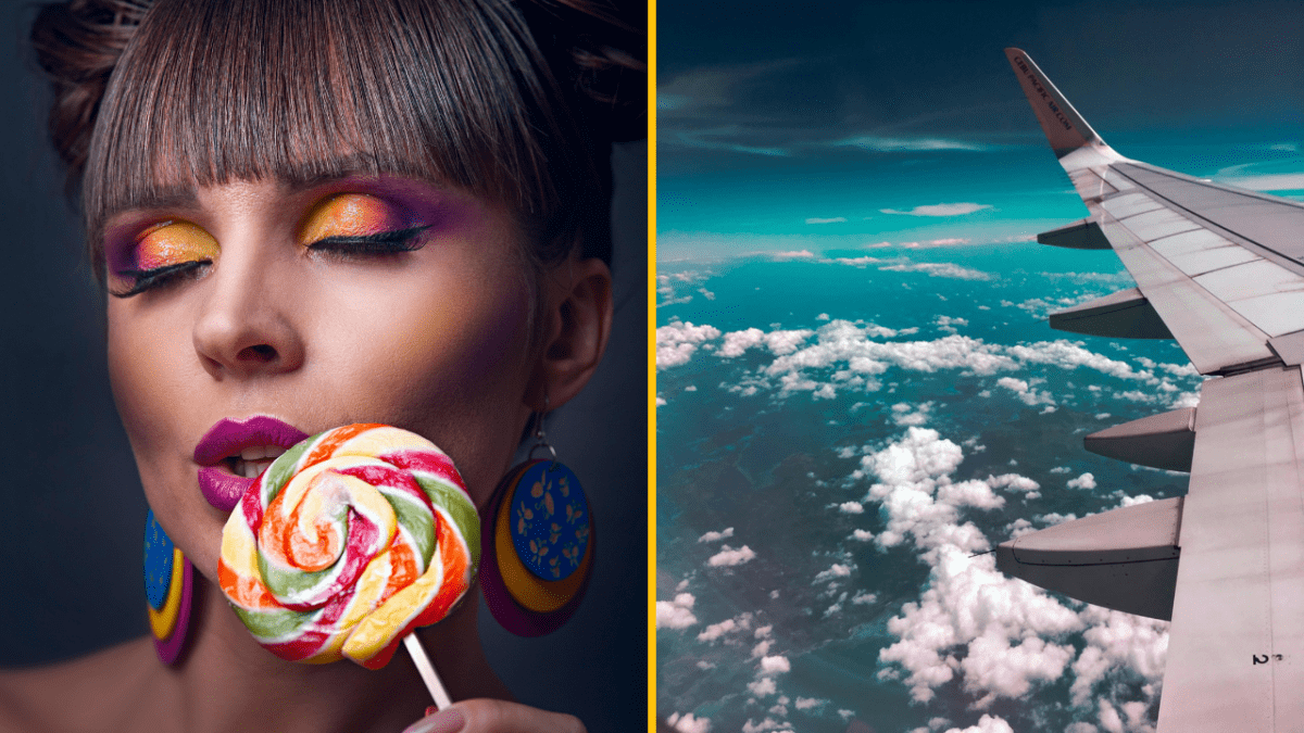 Žena s pestrofarebným lízatkom, farebným líčením a náušnicami vedľa pohľadu z lietadla na oblačný horizont.