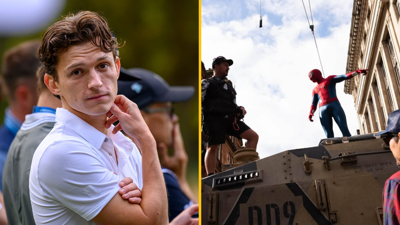 Neznámy muž v bielom tričku a kaskadér oblečený ako Spider-Man počas natáčania filmovej scény.