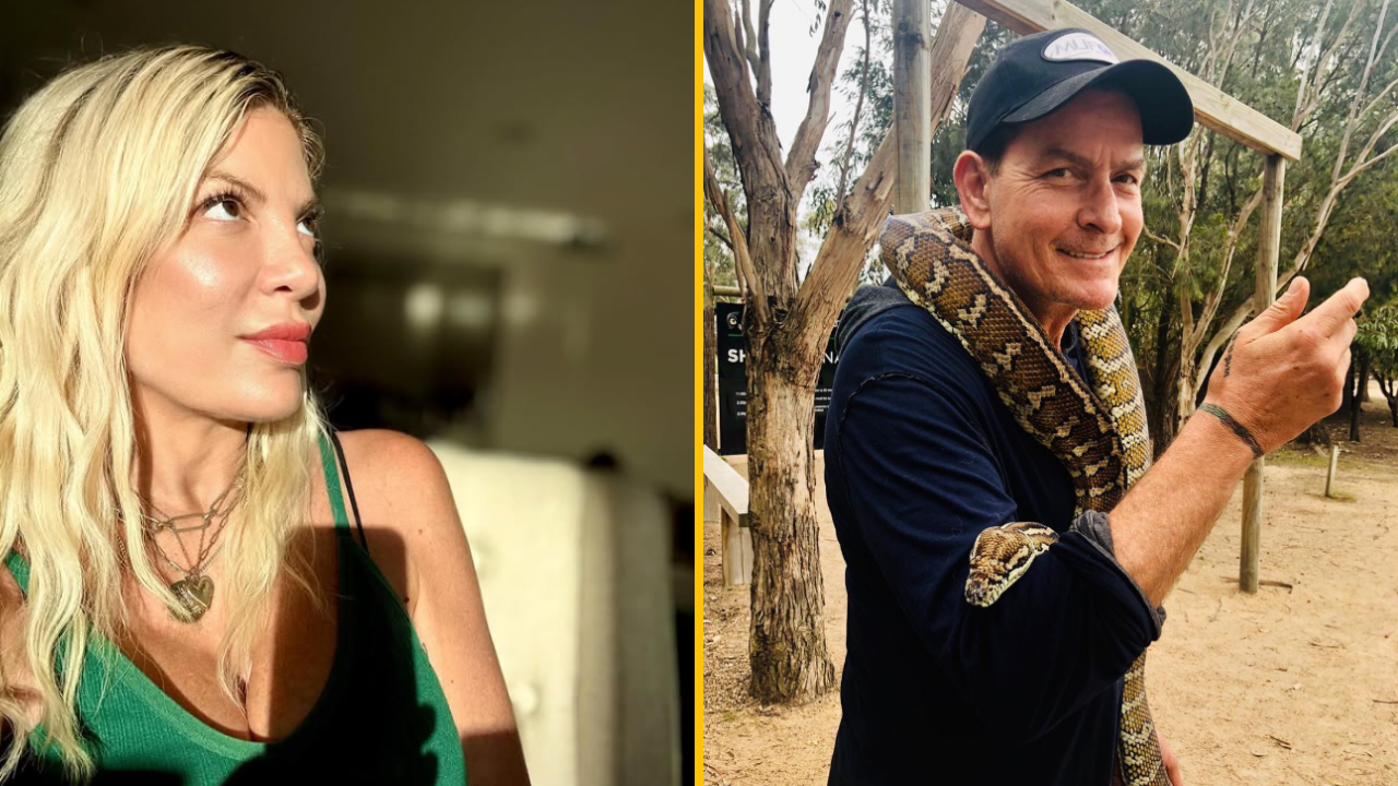 Žena v zelenom vrchu na slnečnom svetle; muž na vidieku s hadom okolo pleca.