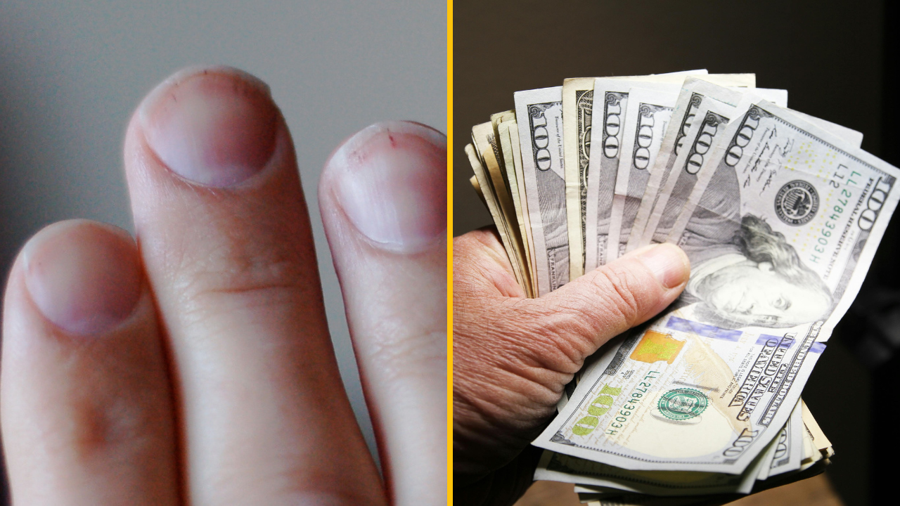 Ľavá strana: Zblízka nechtov na rukách. Pravá strana: Ruka s vejárom bankoviek v amerických dolároch.
