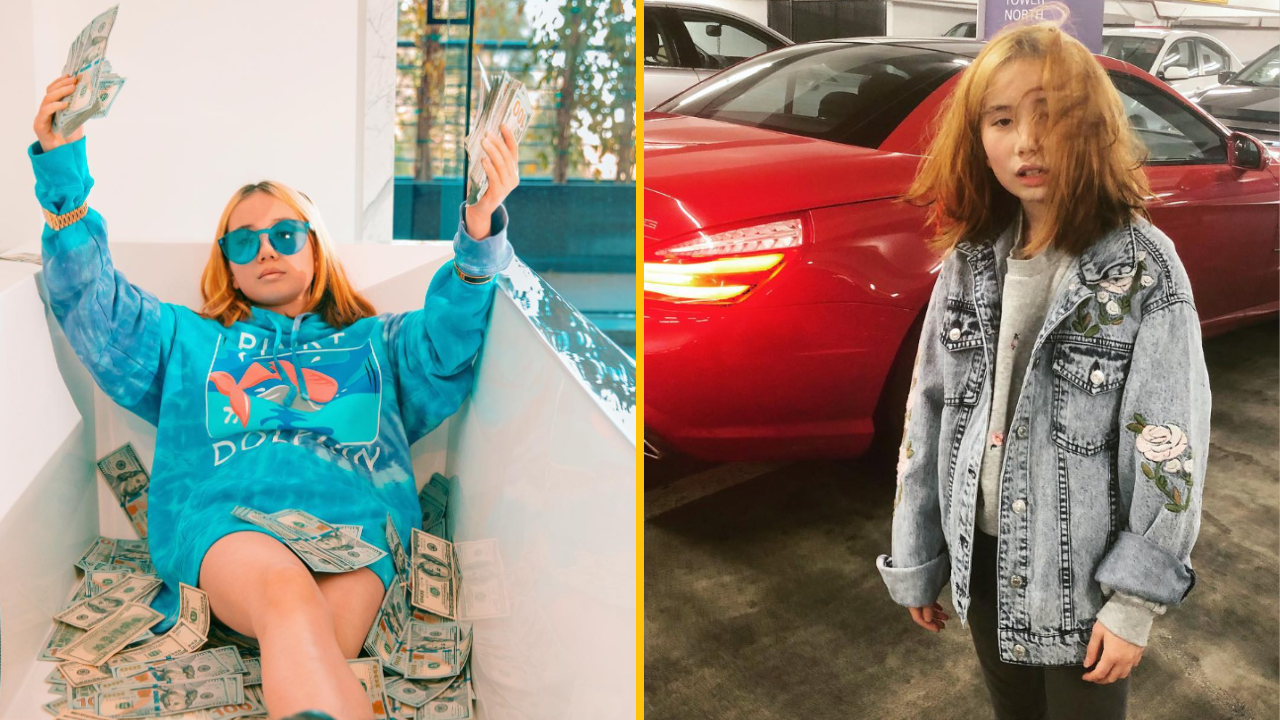 Osoba v modrej mikine obklopená bankovkami a ďalšia osoba pred červeným autom v rifľovej bunde s výšivkou kvetín.