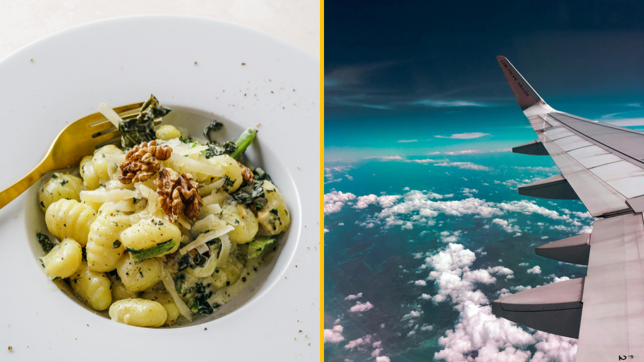 Miska gnocchi s orechmi na ľavej strane, lietadlo nad oblakmi na pravej strane - cestovanie a gastronómia.