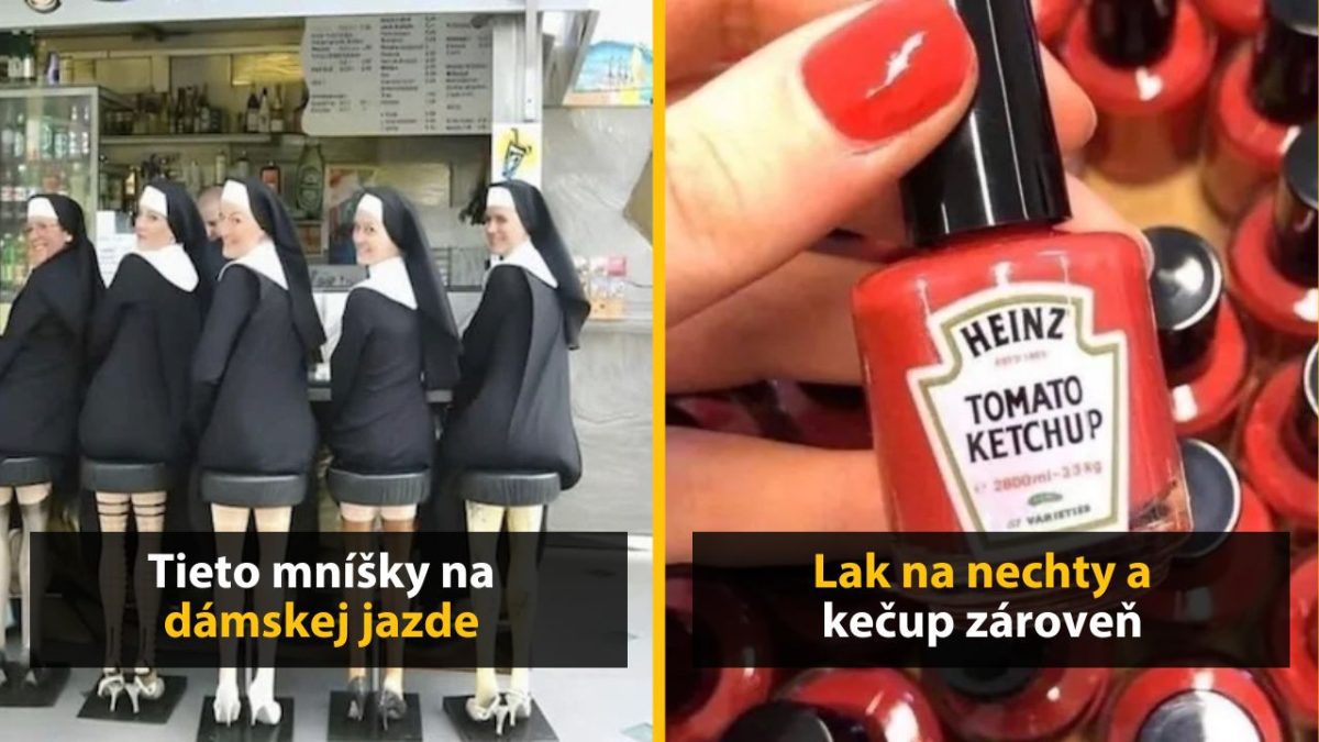 Mníšky v minišatách na bare a lak na nechty s kečupovým dizajnom. Humorné spojenie módy a jedla.