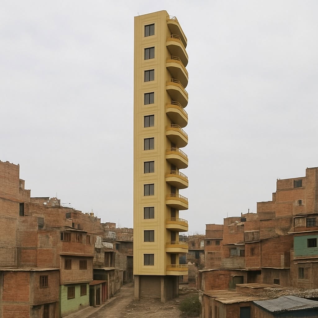 Štíhly žltý bytový dom s balkónmi v husto zastavanej mestskej oblasti.